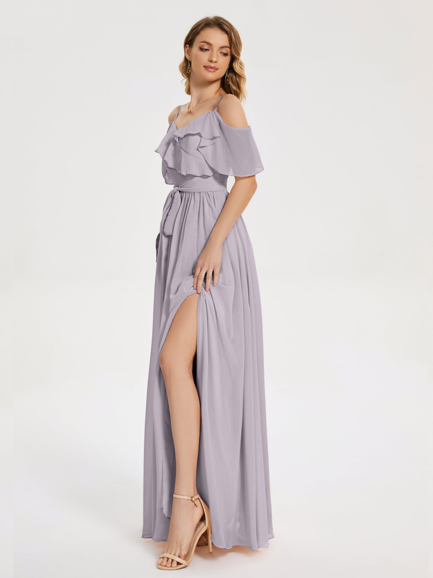 Thea Off the Shoulder Slit Chiffon Bridesmaid Dress