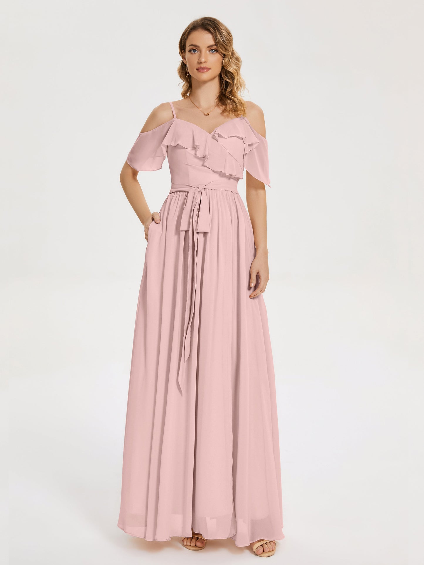 Thea Off the Shoulder Slit Chiffon Bridesmaid Dress