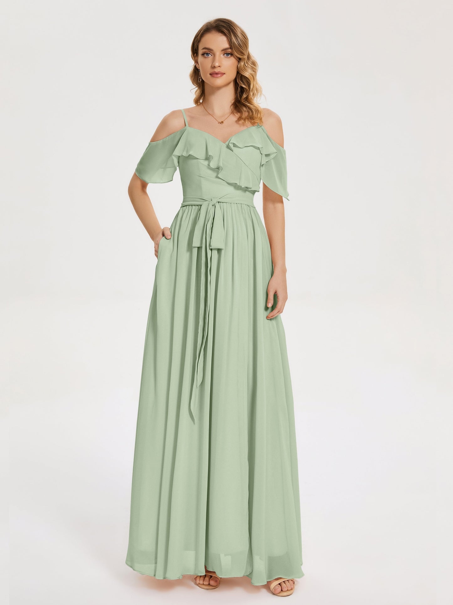 Thea Off the Shoulder Slit Chiffon Bridesmaid Dress