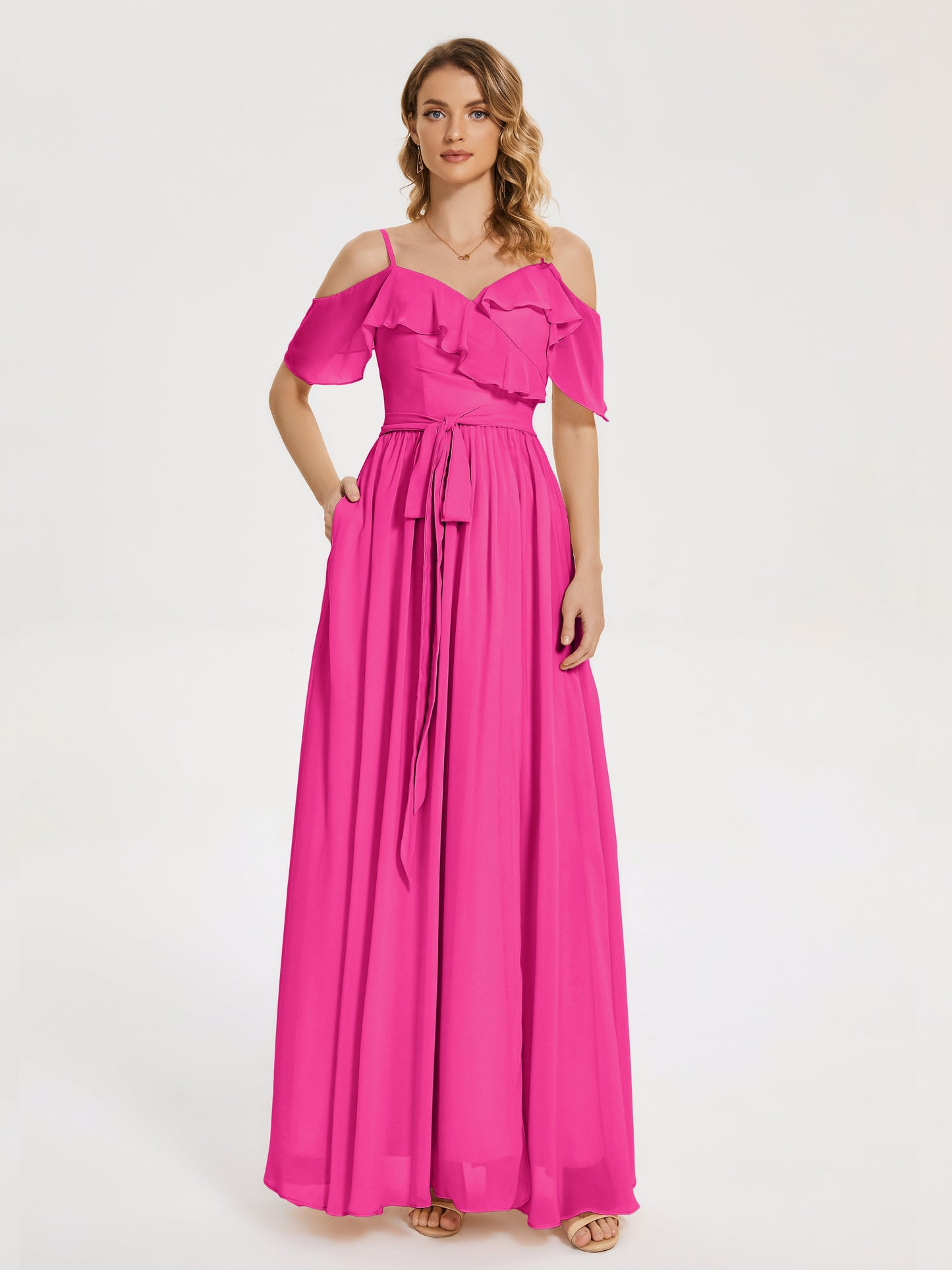 Thea Off the Shoulder Slit Chiffon Bridesmaid Dress