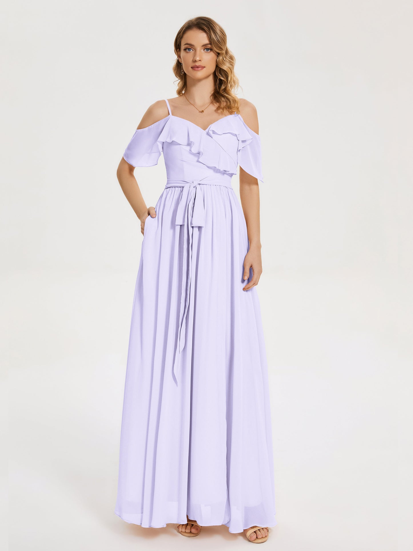 Thea Off the Shoulder Slit Chiffon Bridesmaid Dress