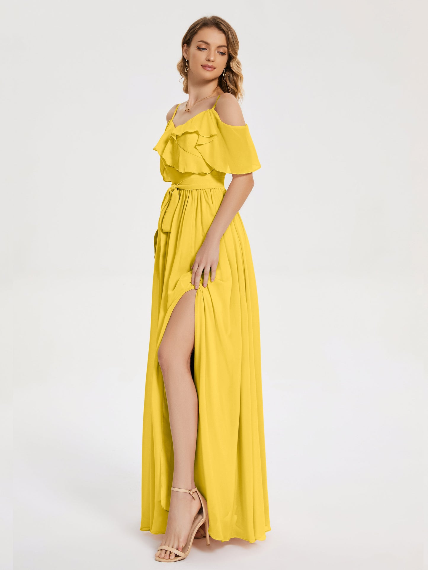 Thea Off the Shoulder Slit Chiffon Bridesmaid Dress