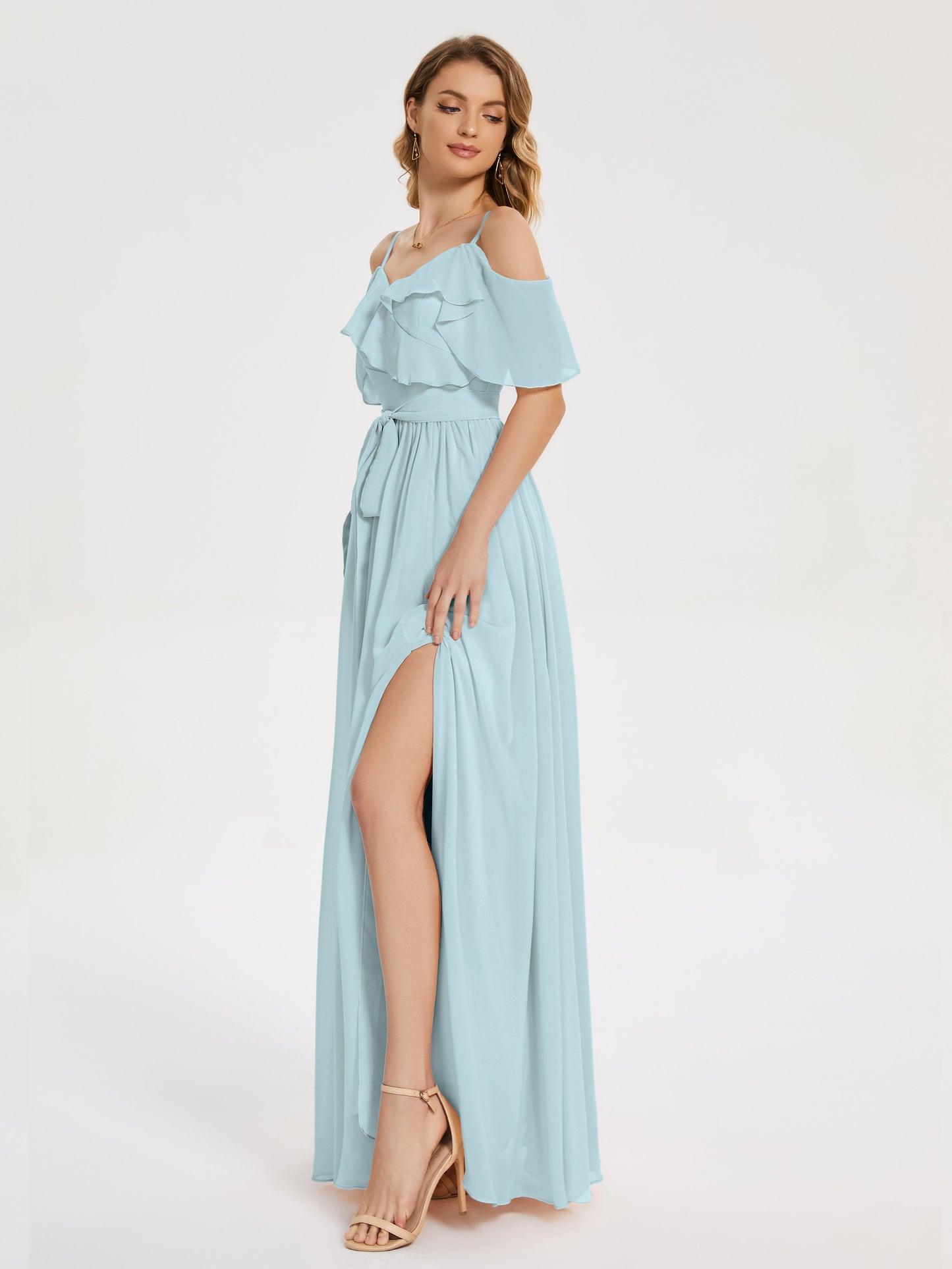 Thea Off the Shoulder Slit Chiffon Bridesmaid Dress