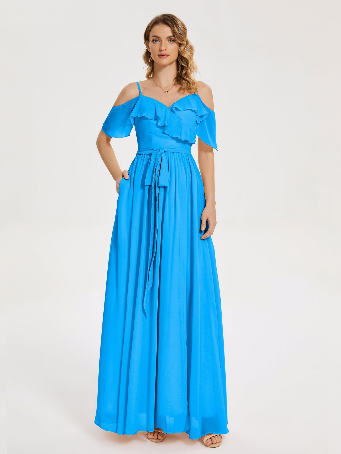 Thea Off the Shoulder Slit Chiffon Bridesmaid Dress