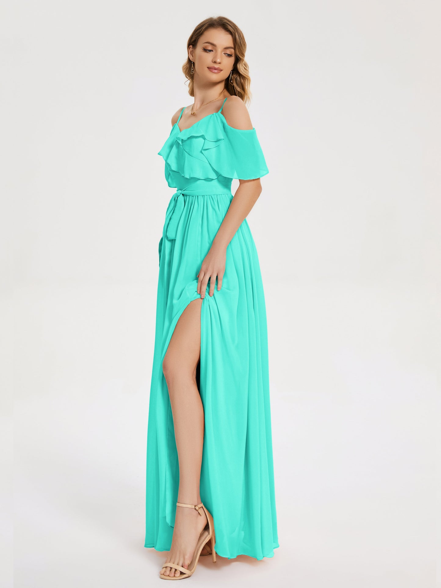 Thea Off the Shoulder Slit Chiffon Bridesmaid Dress