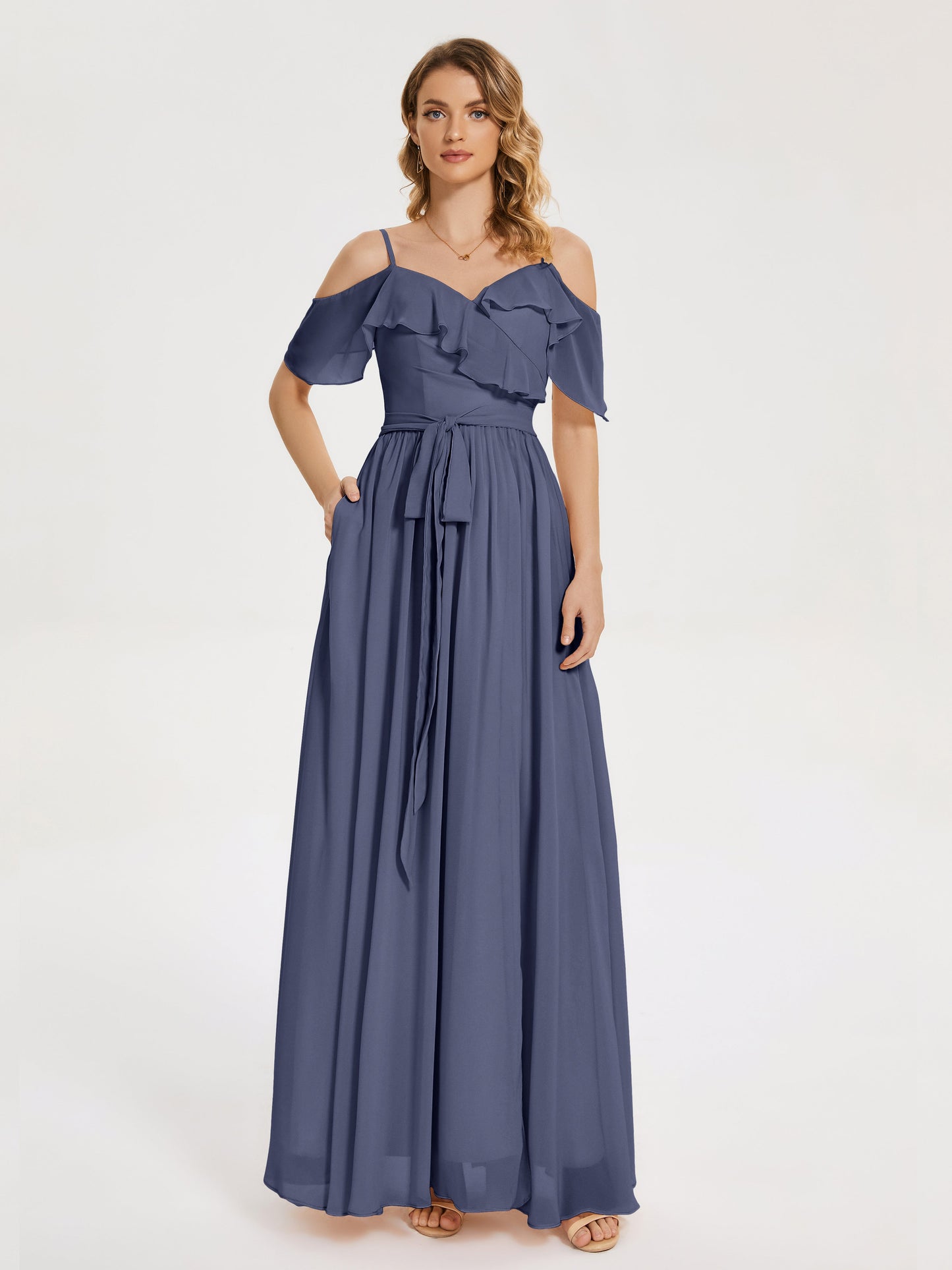 Thea Off the Shoulder Slit Chiffon Bridesmaid Dress