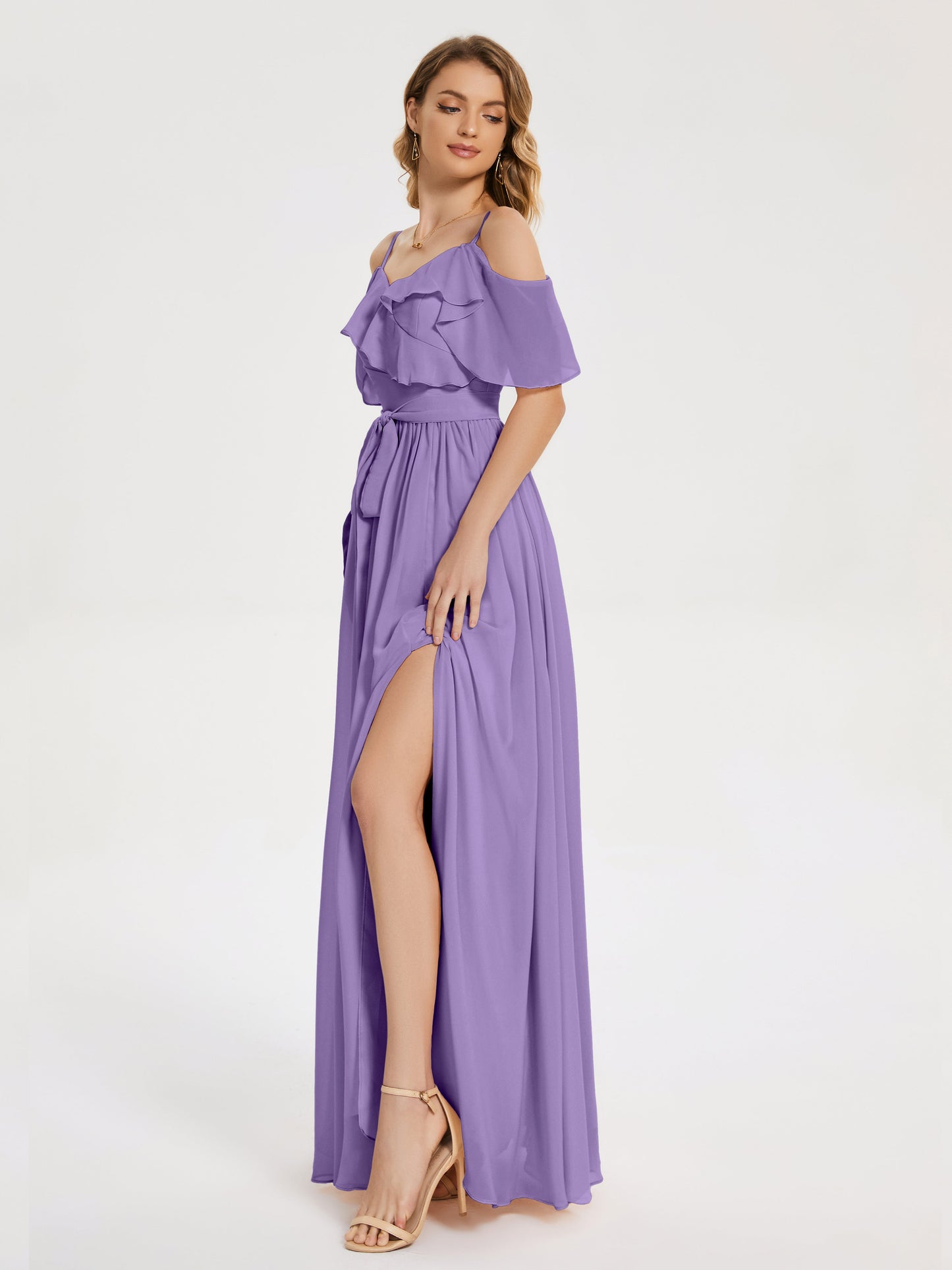 Thea Off the Shoulder Slit Chiffon Bridesmaid Dress