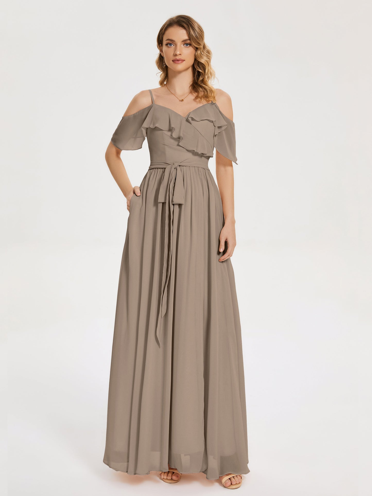 Thea Off the Shoulder Slit Chiffon Bridesmaid Dress