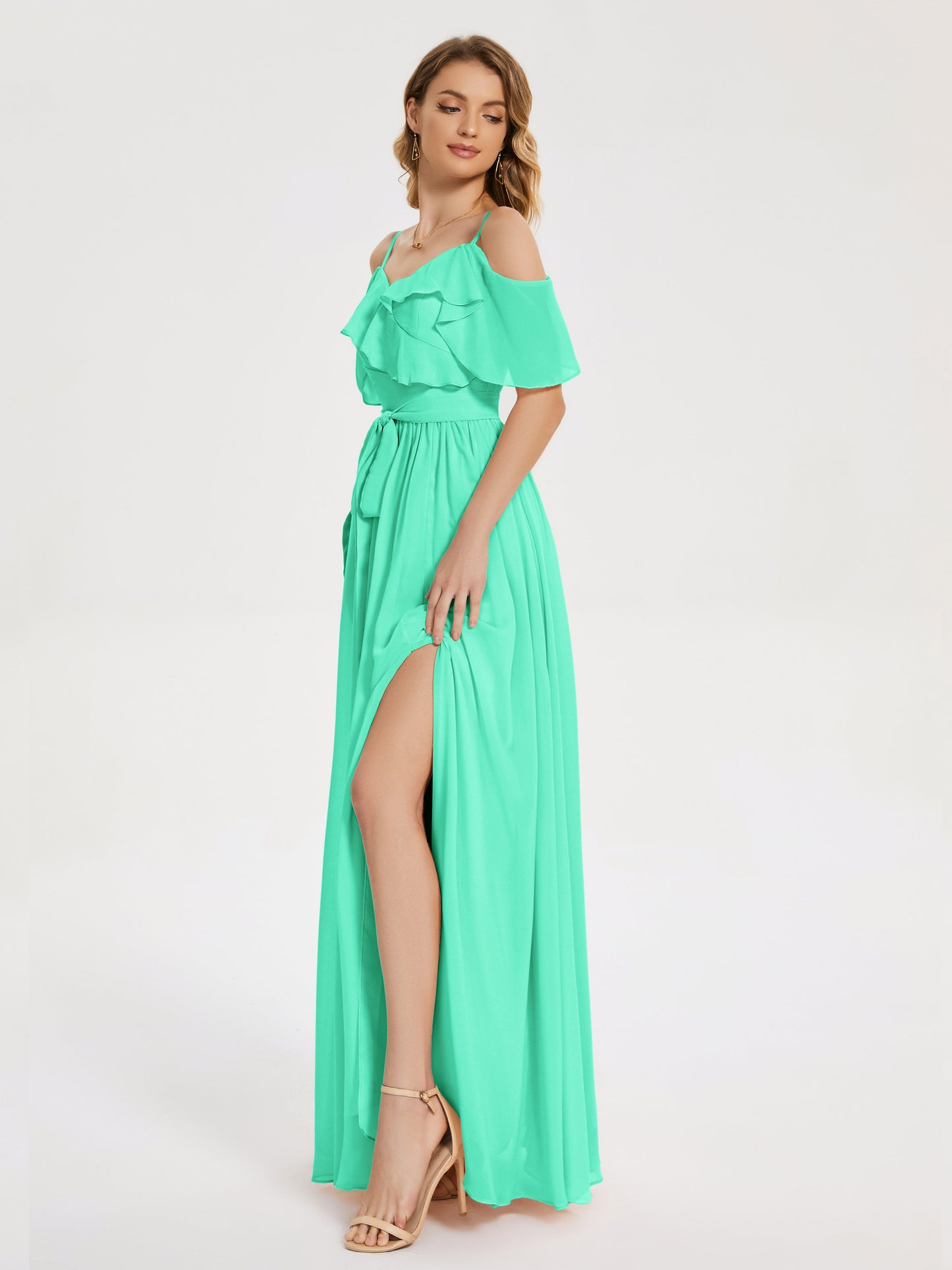 Thea Off the Shoulder Slit Chiffon Bridesmaid Dress
