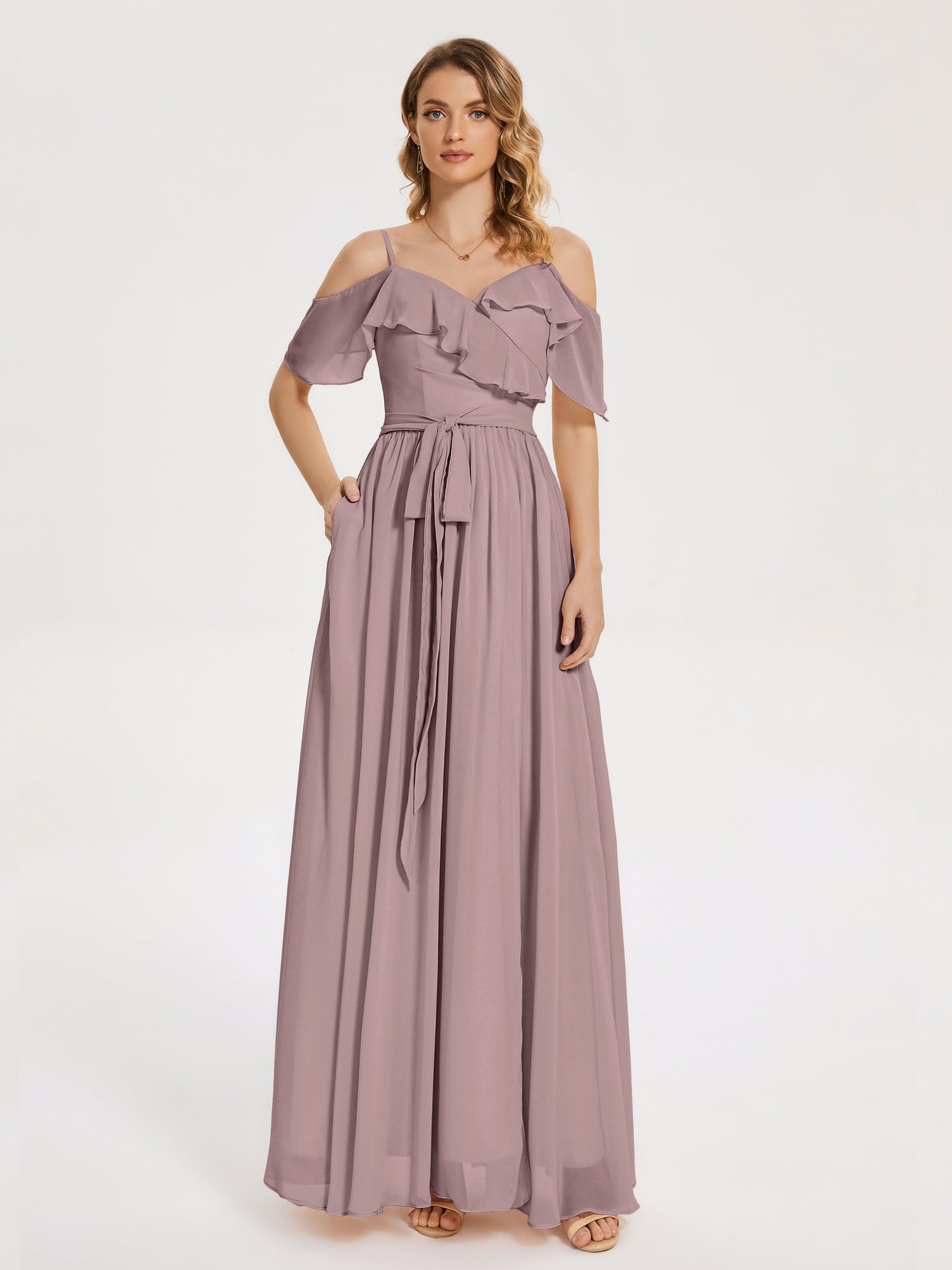 Thea Off the Shoulder Slit Chiffon Bridesmaid Dress