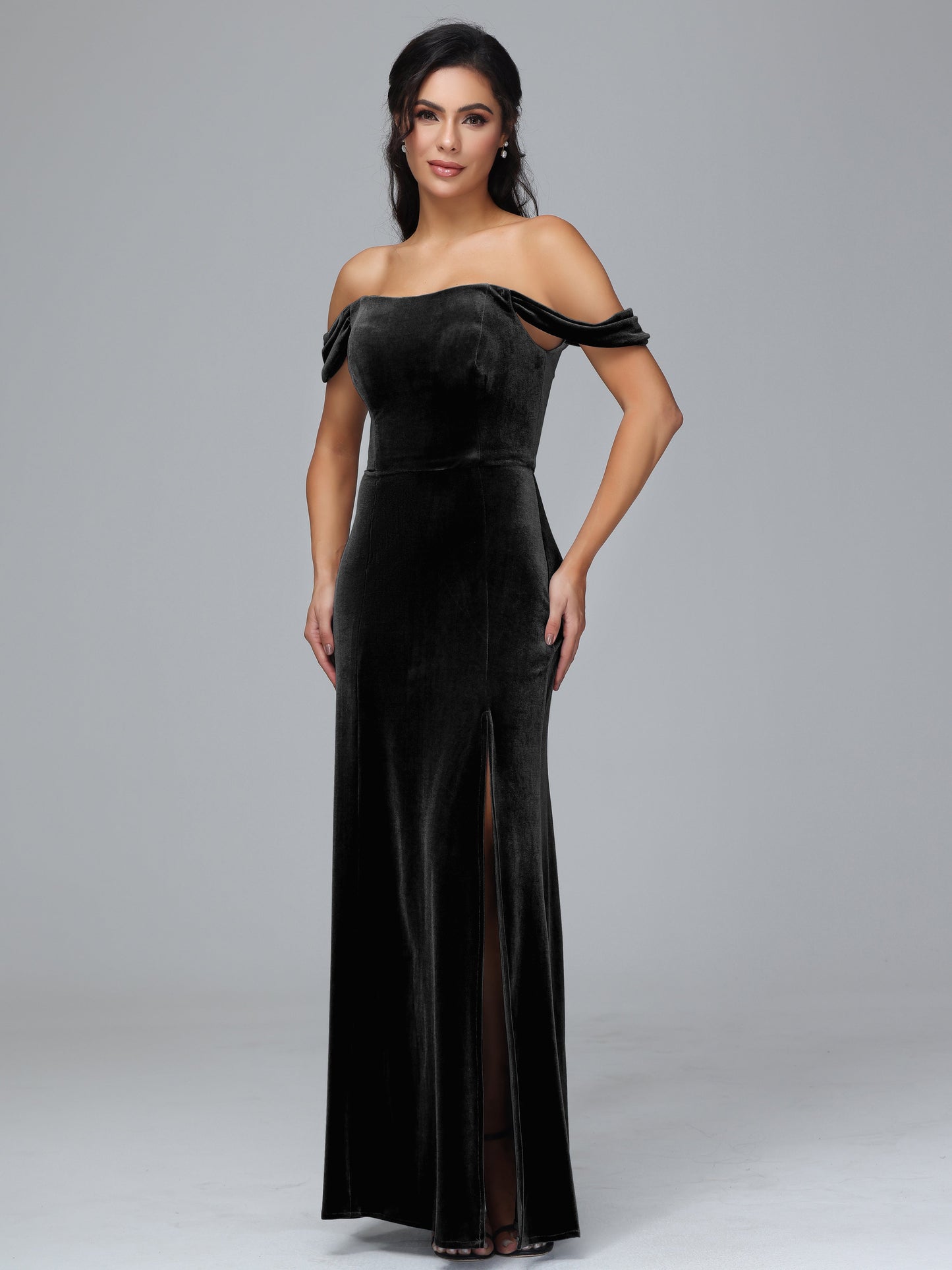 Off Shoulder Velvet Bridesmaid Dress With Slit