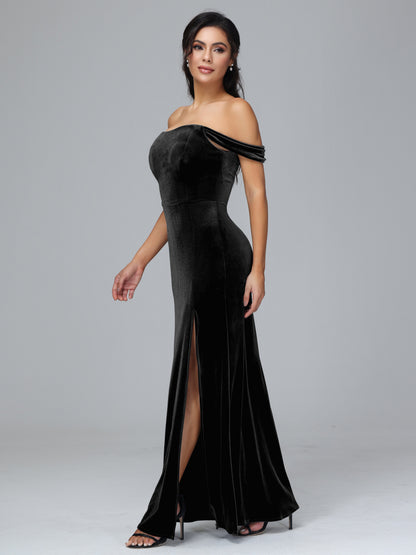 Off Shoulder Velvet Bridesmaid Dress With Slit