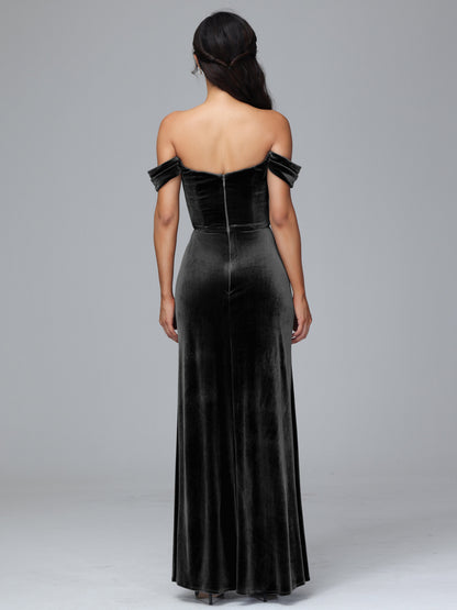 Off Shoulder Velvet Bridesmaid Dress With Slit