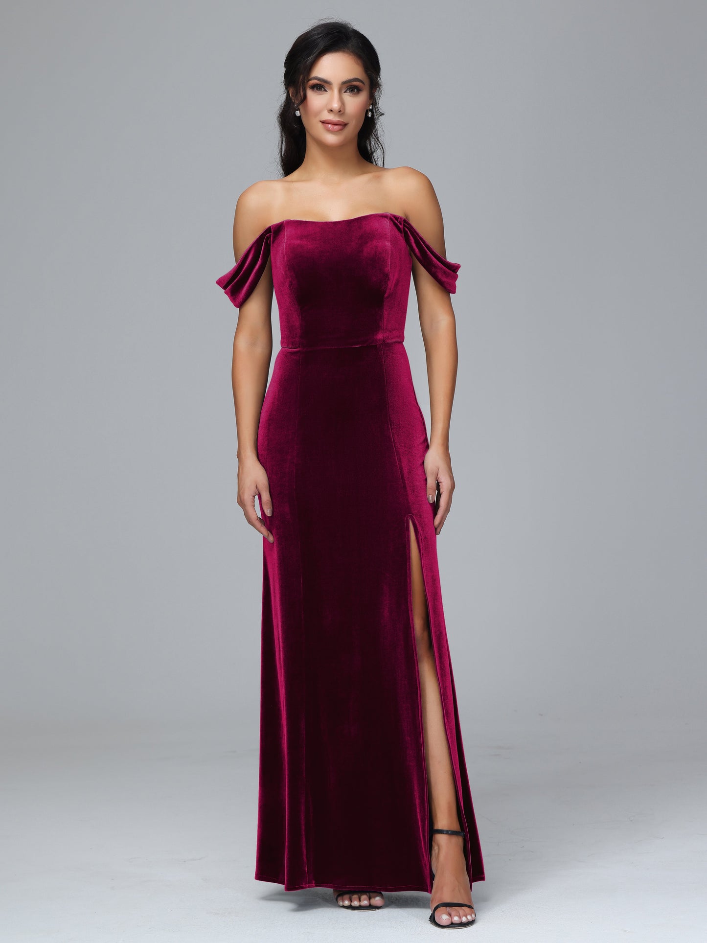 Off Shoulder Velvet Bridesmaid Dress With Slit