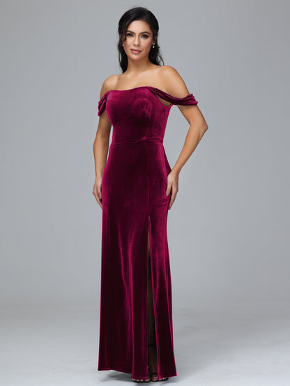 Off Shoulder Velvet Bridesmaid Dress With Slit
