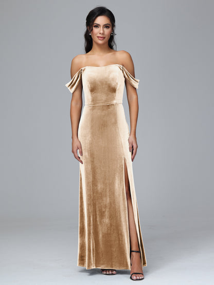 Off Shoulder Velvet Bridesmaid Dress With Slit