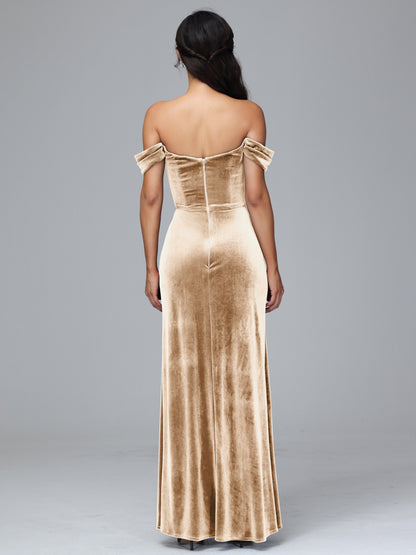 Off Shoulder Velvet Bridesmaid Dress With Slit