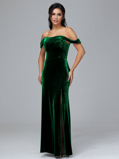 Off Shoulder Velvet Bridesmaid Dress With Slit