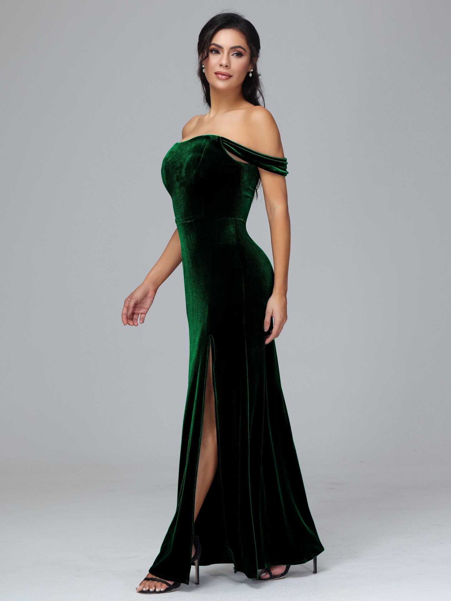 Off Shoulder Velvet Bridesmaid Dress With Slit