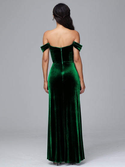 Off Shoulder Velvet Bridesmaid Dress With Slit