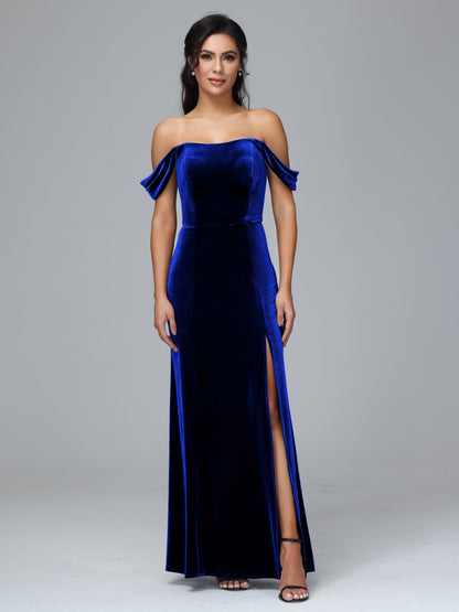 Off Shoulder Velvet Bridesmaid Dress With Slit