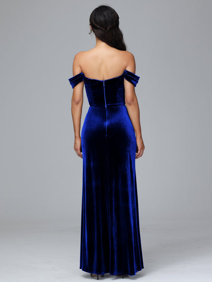 Off Shoulder Velvet Bridesmaid Dress With Slit