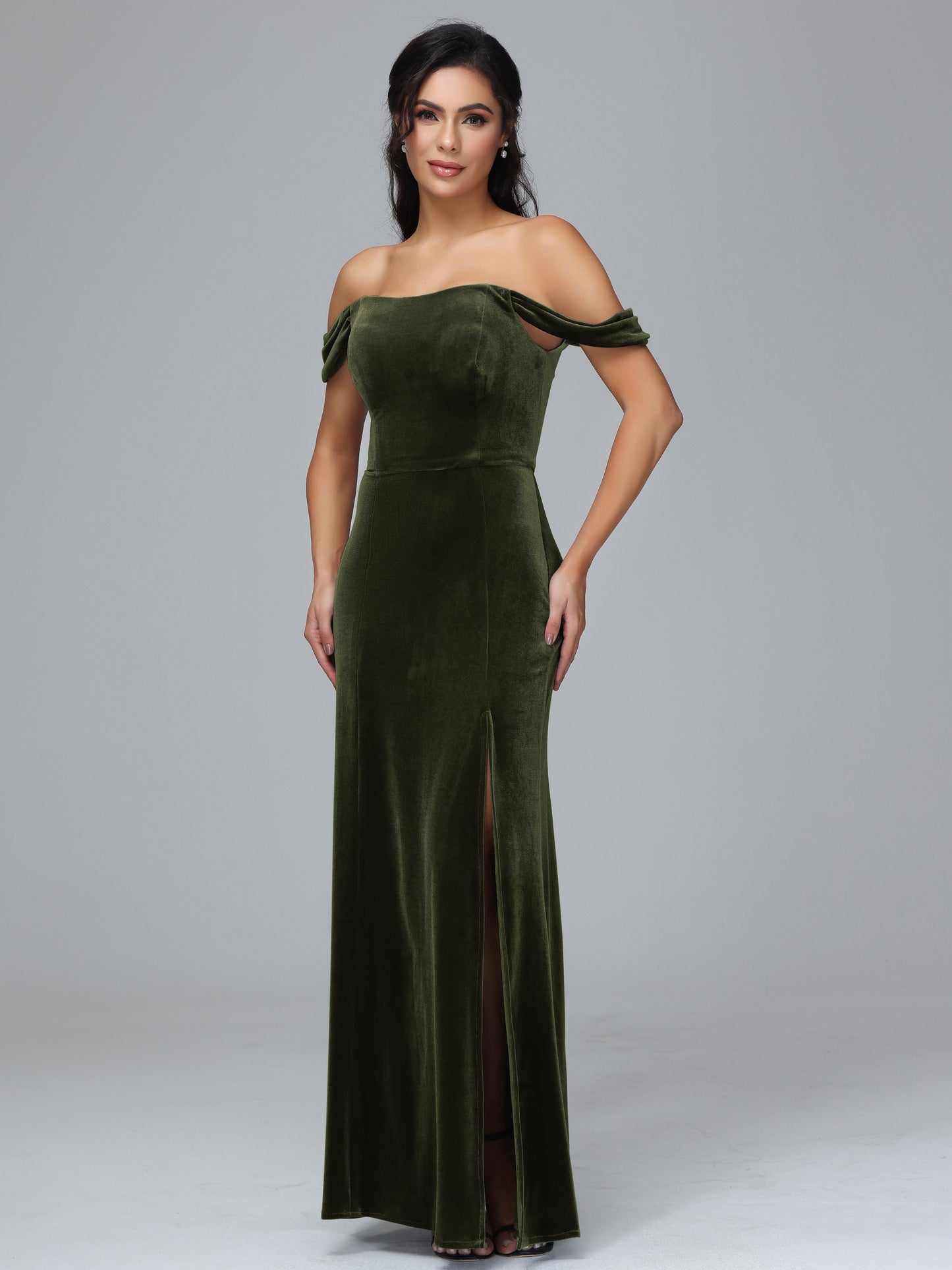 Off Shoulder Velvet Bridesmaid Dress With Slit
