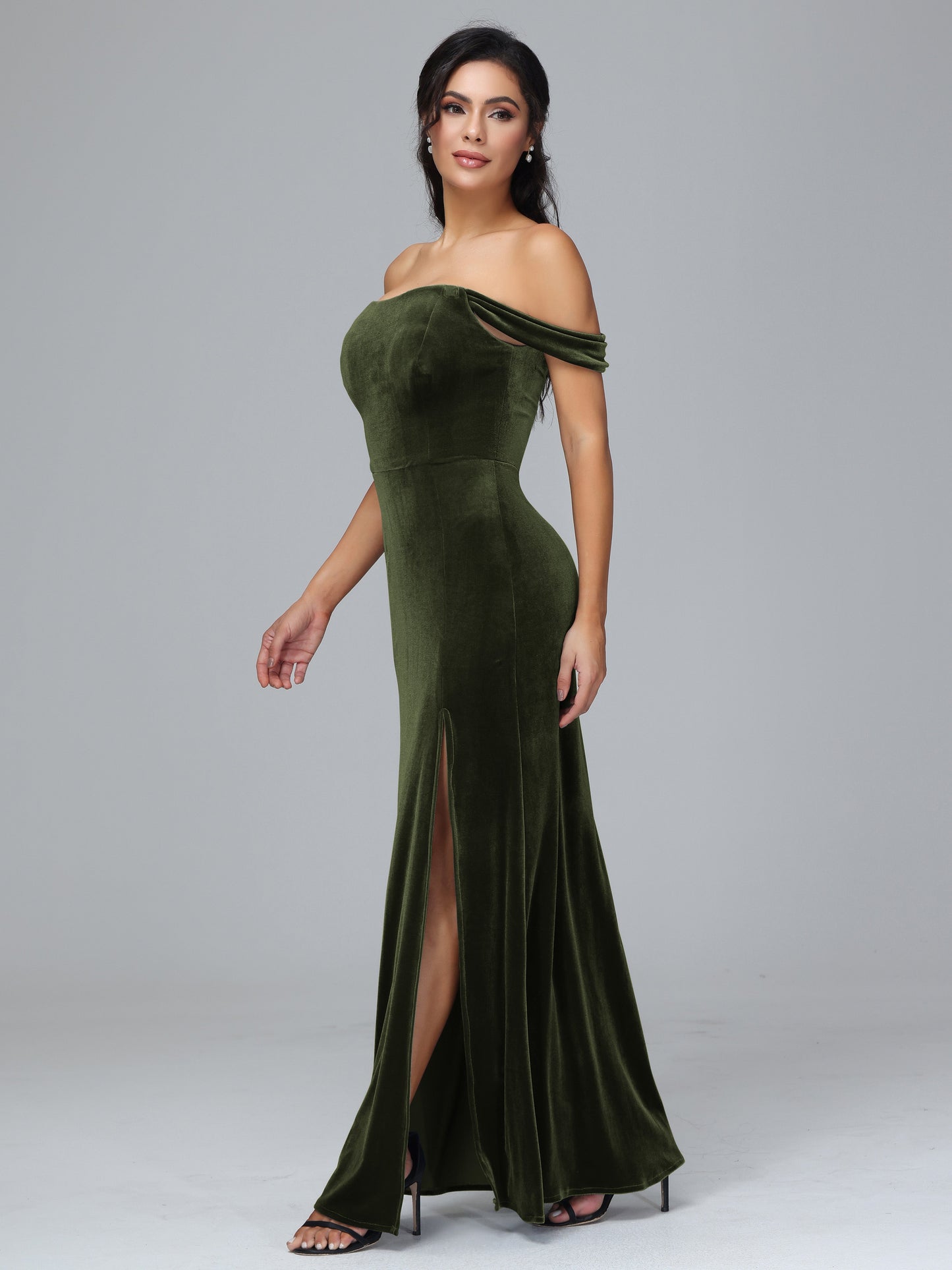 Off Shoulder Velvet Bridesmaid Dress With Slit