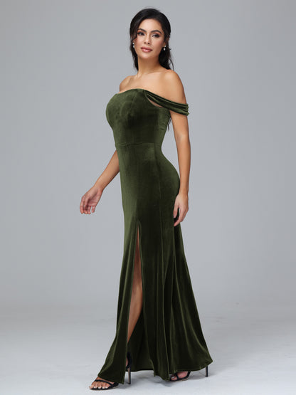 Off Shoulder Velvet Bridesmaid Dress With Slit