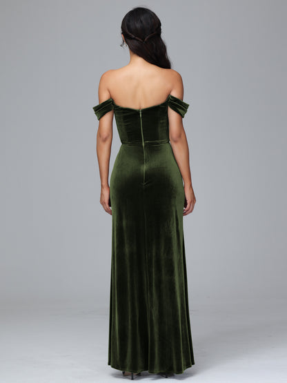 Off Shoulder Velvet Bridesmaid Dress With Slit