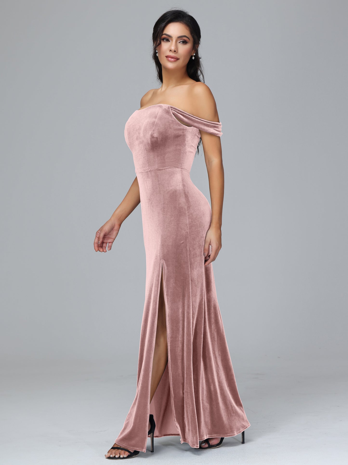 Off Shoulder Velvet Bridesmaid Dress With Slit