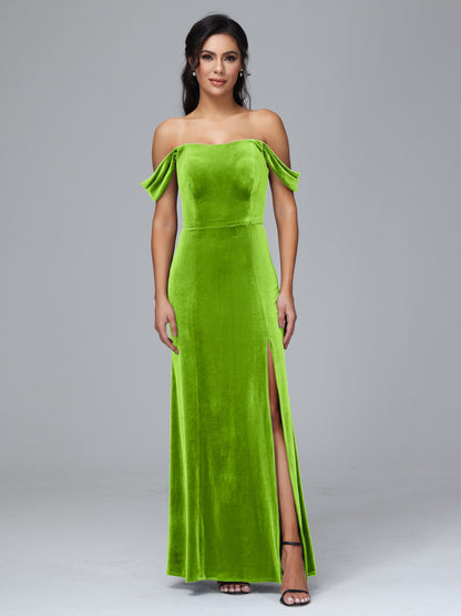 Off Shoulder Velvet Bridesmaid Dress With Slit