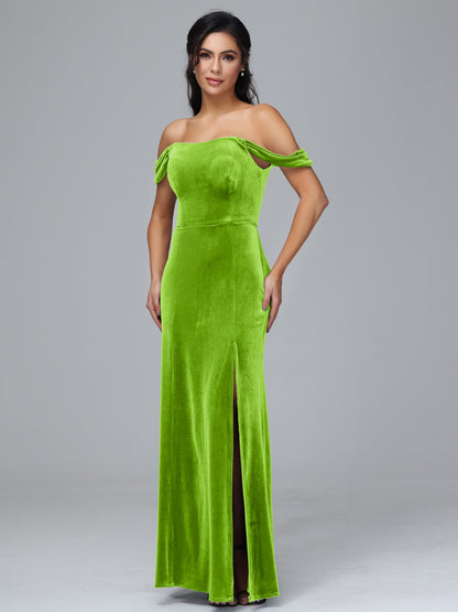 Off Shoulder Velvet Bridesmaid Dress With Slit