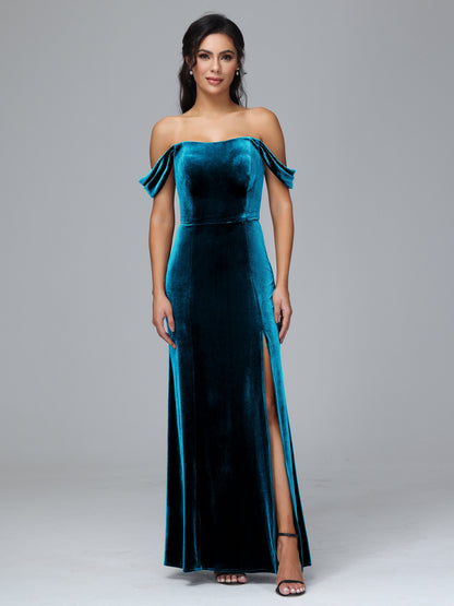 Off Shoulder Velvet Bridesmaid Dress With Slit