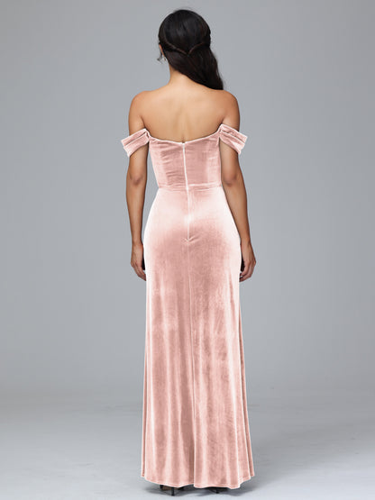 Off Shoulder Velvet Bridesmaid Dress With Slit