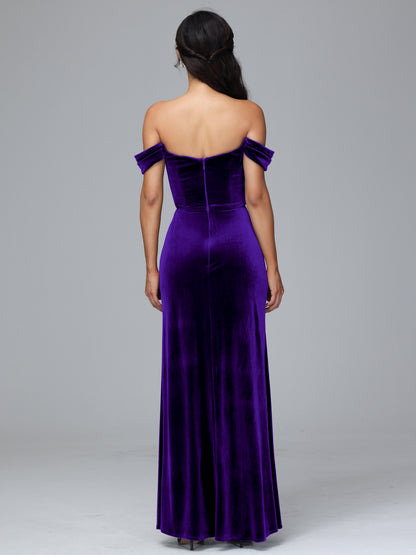 Off Shoulder Velvet Bridesmaid Dress With Slit
