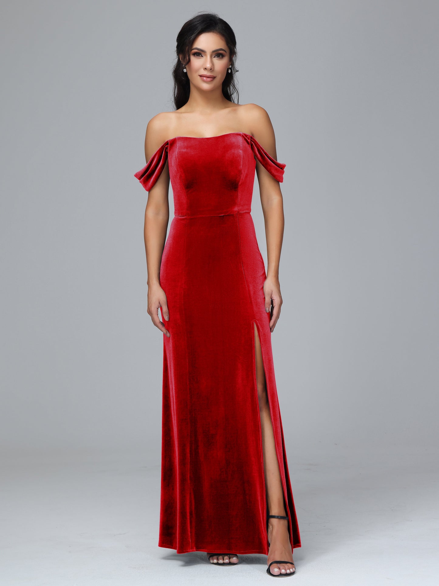 Off Shoulder Velvet Bridesmaid Dress With Slit