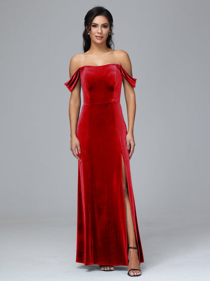 Off Shoulder Velvet Bridesmaid Dress With Slit