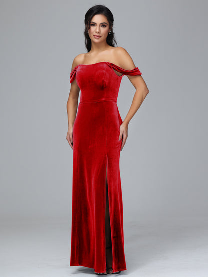 Off Shoulder Velvet Bridesmaid Dress With Slit