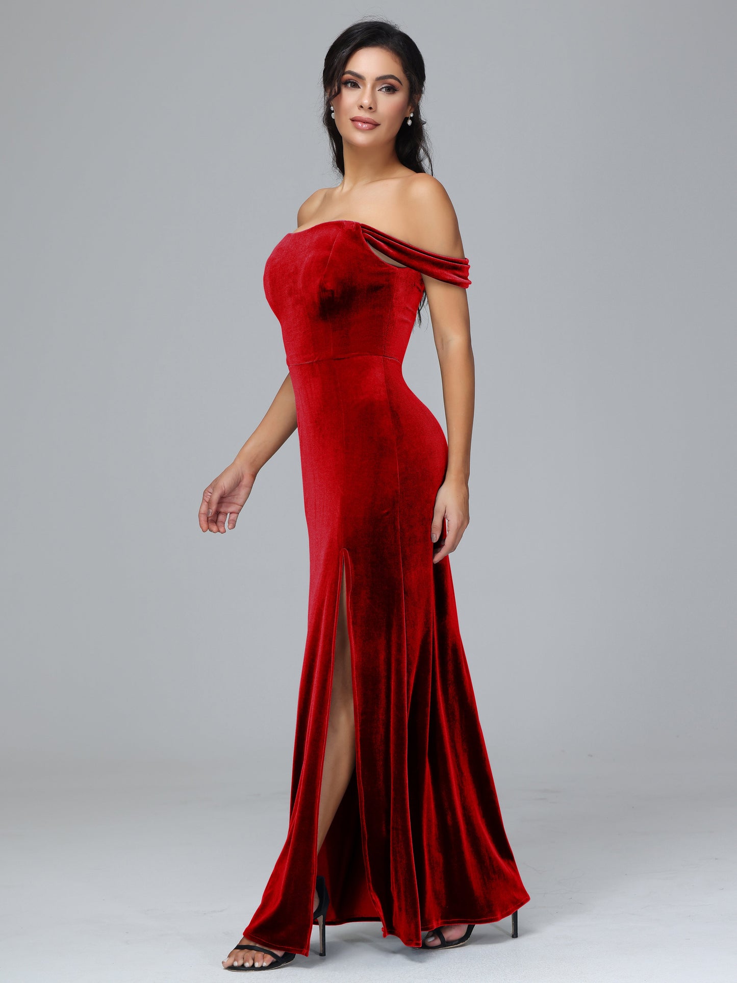 Off Shoulder Velvet Bridesmaid Dress With Slit