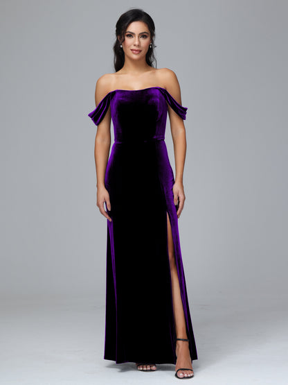 Off Shoulder Velvet Bridesmaid Dress With Slit
