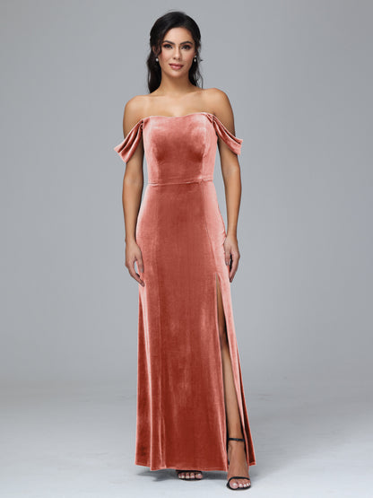 Off Shoulder Velvet Bridesmaid Dress With Slit
