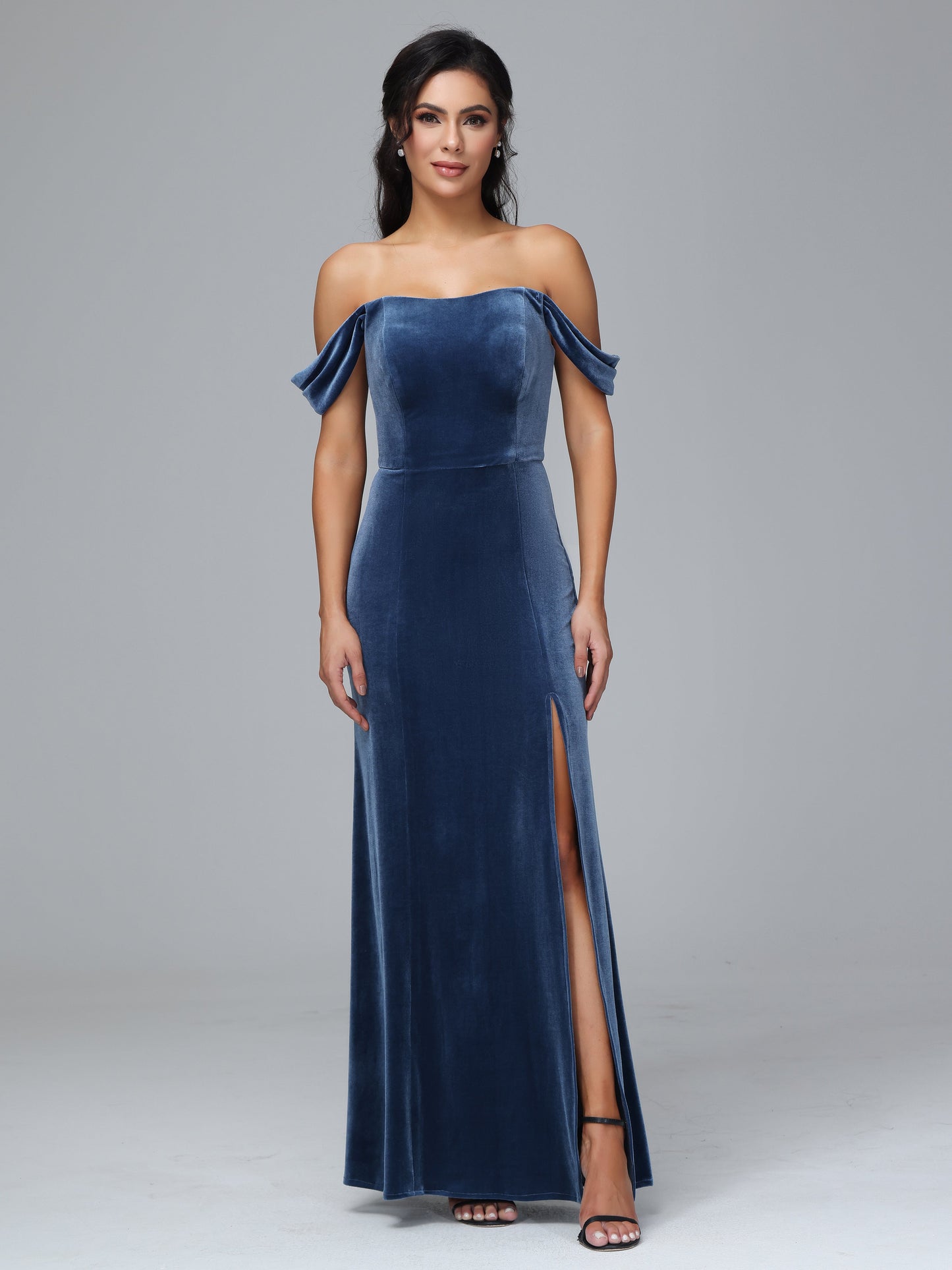 Off Shoulder Velvet Bridesmaid Dress With Slit