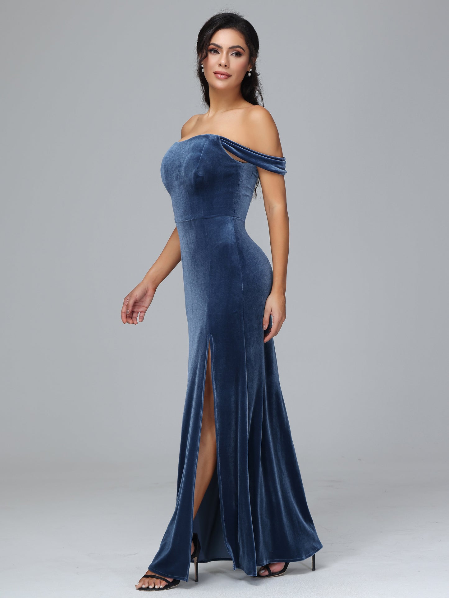 Off Shoulder Velvet Bridesmaid Dress With Slit
