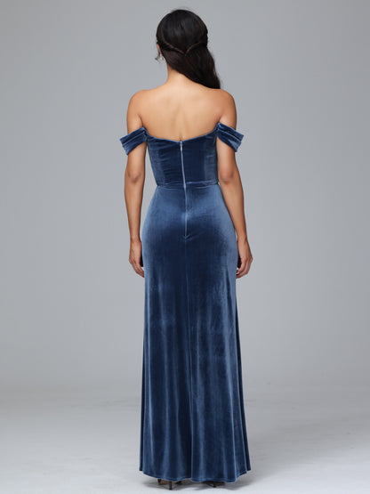 Off Shoulder Velvet Bridesmaid Dress With Slit