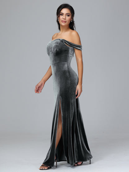 Off Shoulder Velvet Bridesmaid Dress With Slit