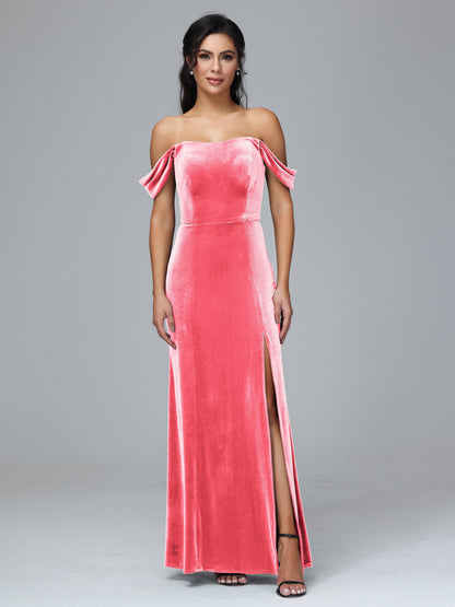 Off Shoulder Velvet Bridesmaid Dress With Slit