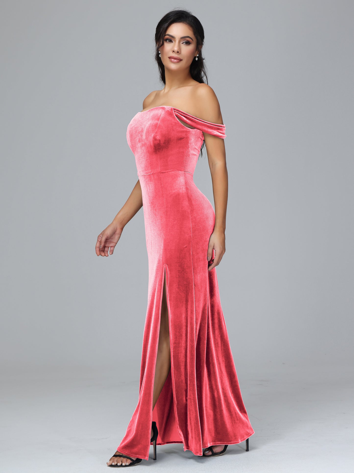 Off Shoulder Velvet Bridesmaid Dress With Slit