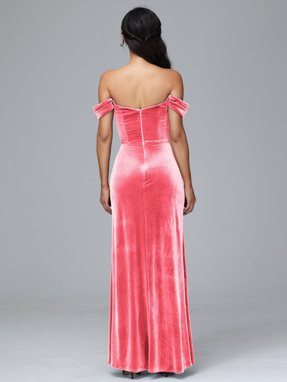 Off Shoulder Velvet Bridesmaid Dress With Slit