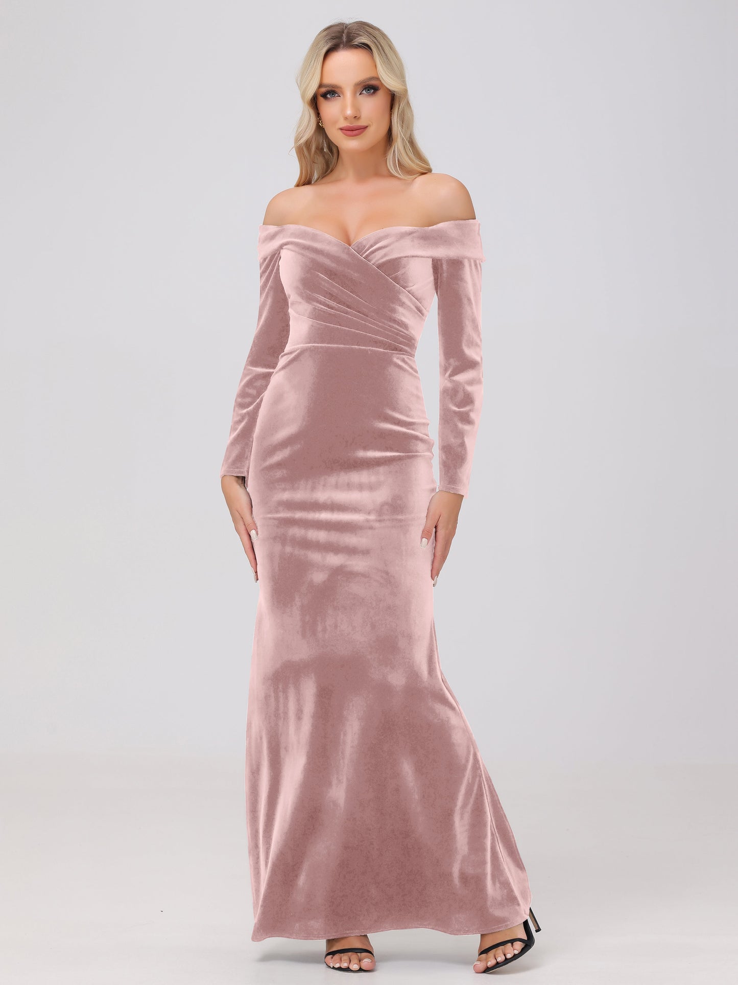 Off the Shoulder Sheath Long Sleeves Velvet Bridesmaid Dresses